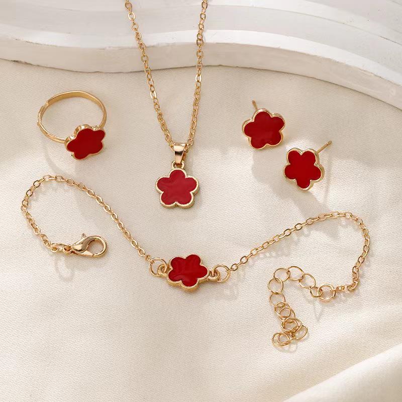 Korean Five-Leaf Clover Jewelry Set for Women: Necklace, Bracelet, Ring, and Earrings