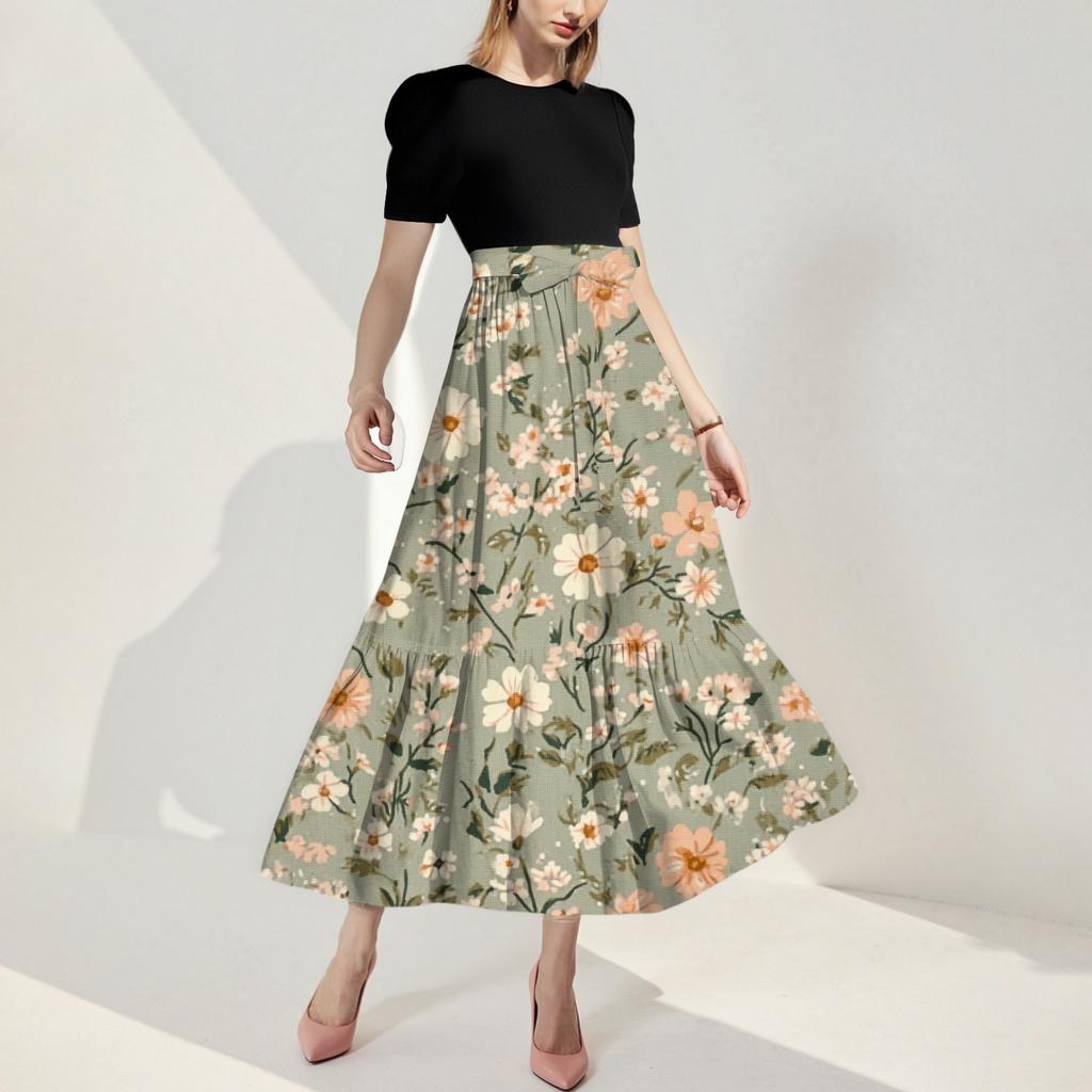 Dámské módní ležérní šaty s páskem, krátkým rukávem, kulatým výstřihem, šitím, elegantním temperamentem