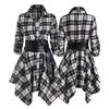 Damen Kleid A-Linie Langarm Baumwollmischung Vintage Karomuster Schwarz Gürtel