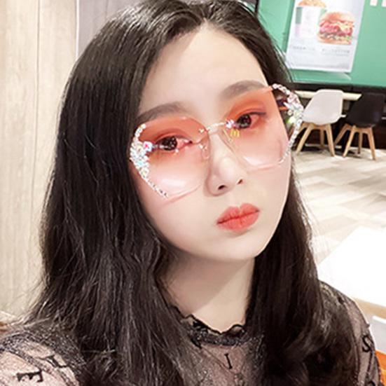 Women Sunglasses Rimless Lightweight High Clarity Wide Cool Sun-resistant Windproof UV Protection Shiny Rhinestone Female Sunglasses for Outdoor