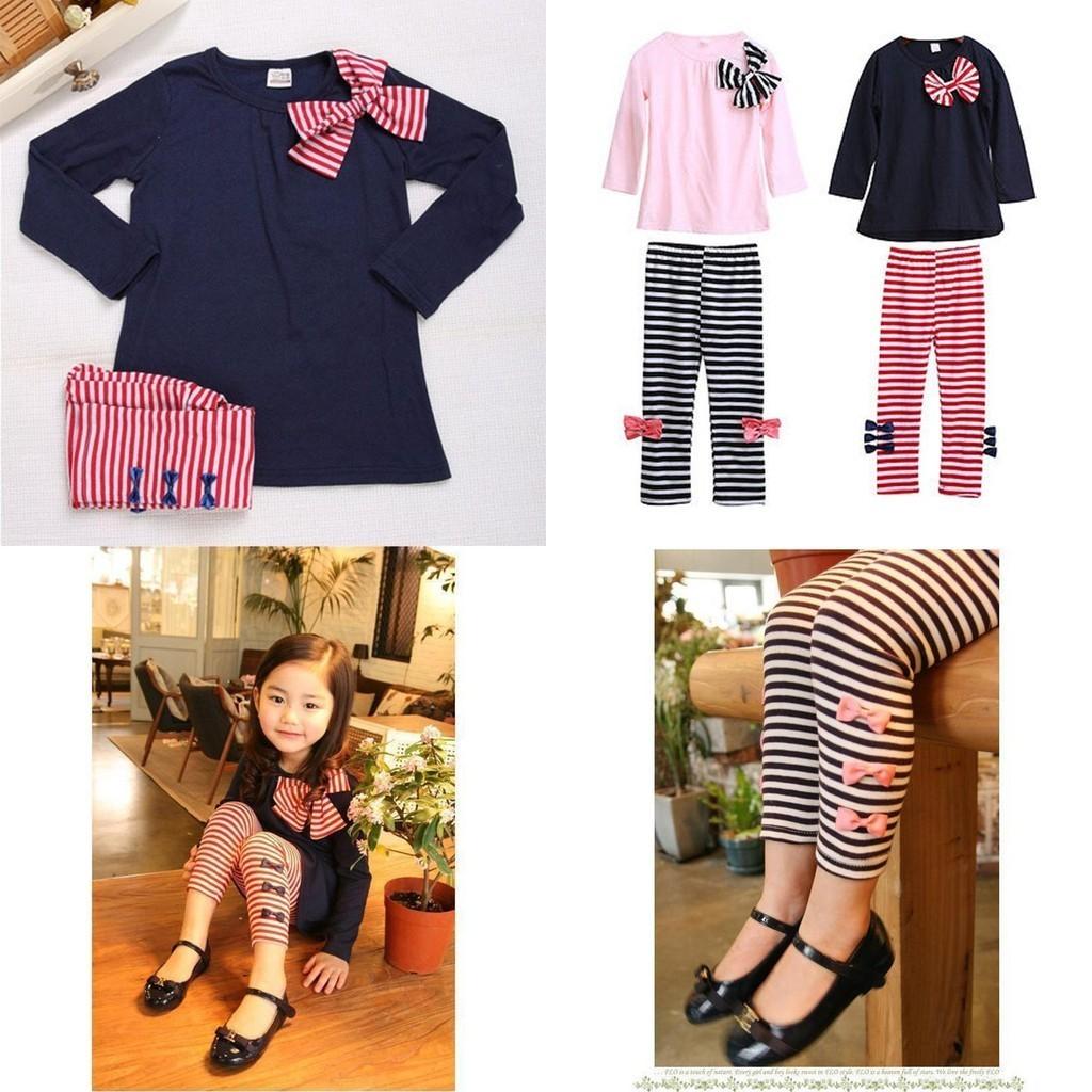 Adorable 2pcs Toddler Kids Baby Girls Outfits With Bowknot Top Striped Legging