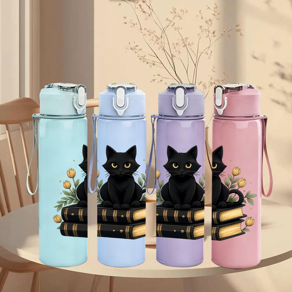 1PC Black Cat Stacked Books Art 750ml Color Plastic Sports Water Bottle Leakproof Flip Straw Lid Suitable for Sports Office Home Use