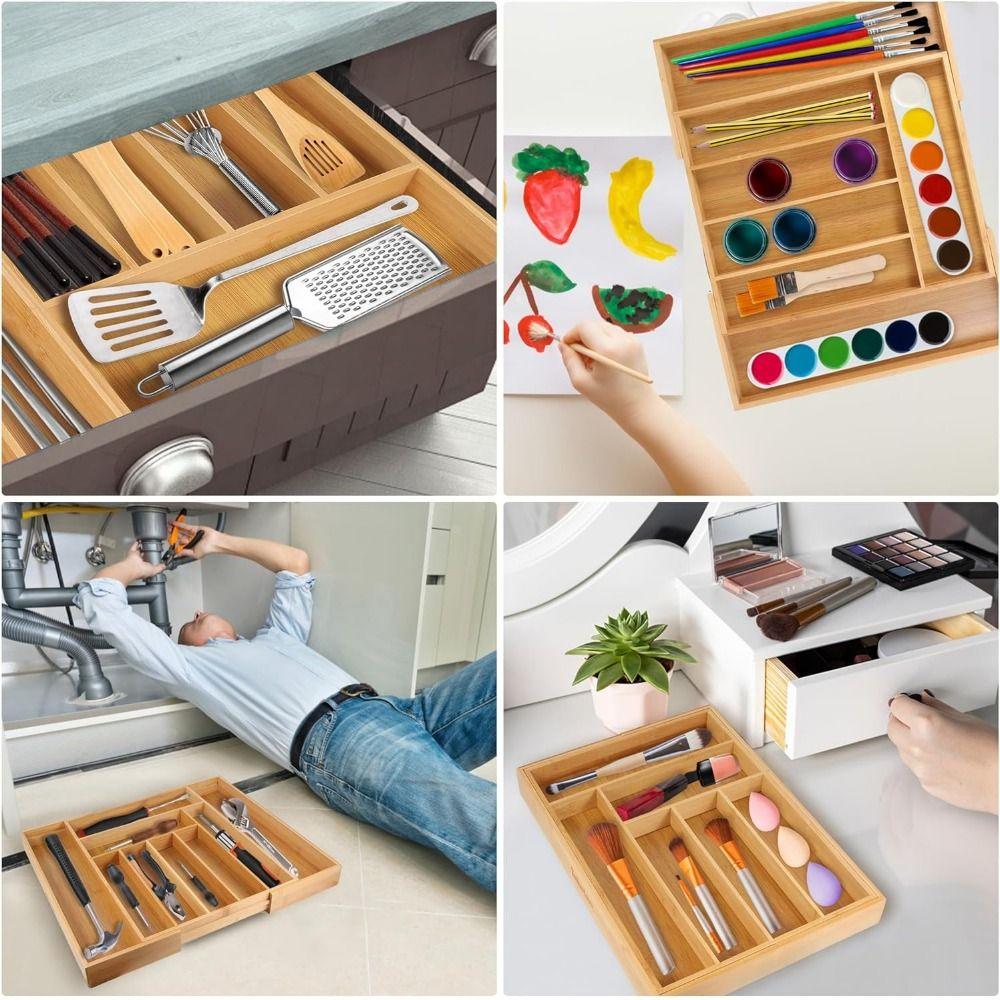 Natural Utensil Drawer Organizer Bamboo Grooved Cutlery Tray Cabinet Drawers Dividers  Kitchen