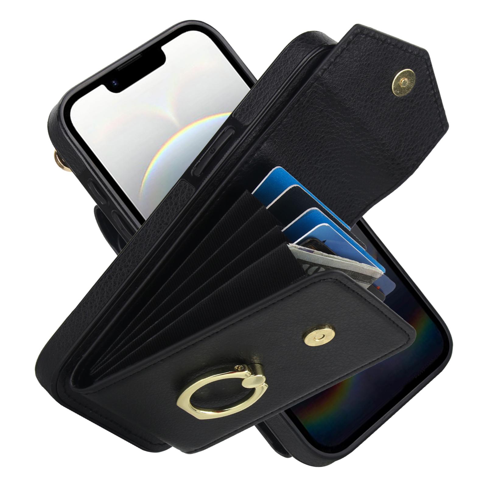 

For iPhone 16e Case Leather+TPU Accordion Card Bag Phone Cover with Ring Kickstand Rose Gold