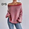 Women Sweater Off Shoulder Oversized Long Sleeve Knit Pullover Top Loose Fit Striped Print Soft Stretchy Knitting Tops