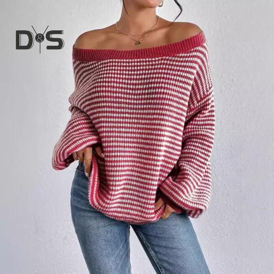 Women Sweater Off Shoulder Oversized Long Sleeve Knit Pullover Top Loose Fit Striped Print Soft Stretchy Knitting Tops