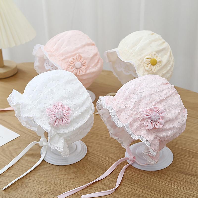 Cute Baby Lace Flower Newborn Baby Bonnet Hat Princess Girls Ruffle Lace Up Cap Summer Breathable Mesh Infant Toddler Sun Hat