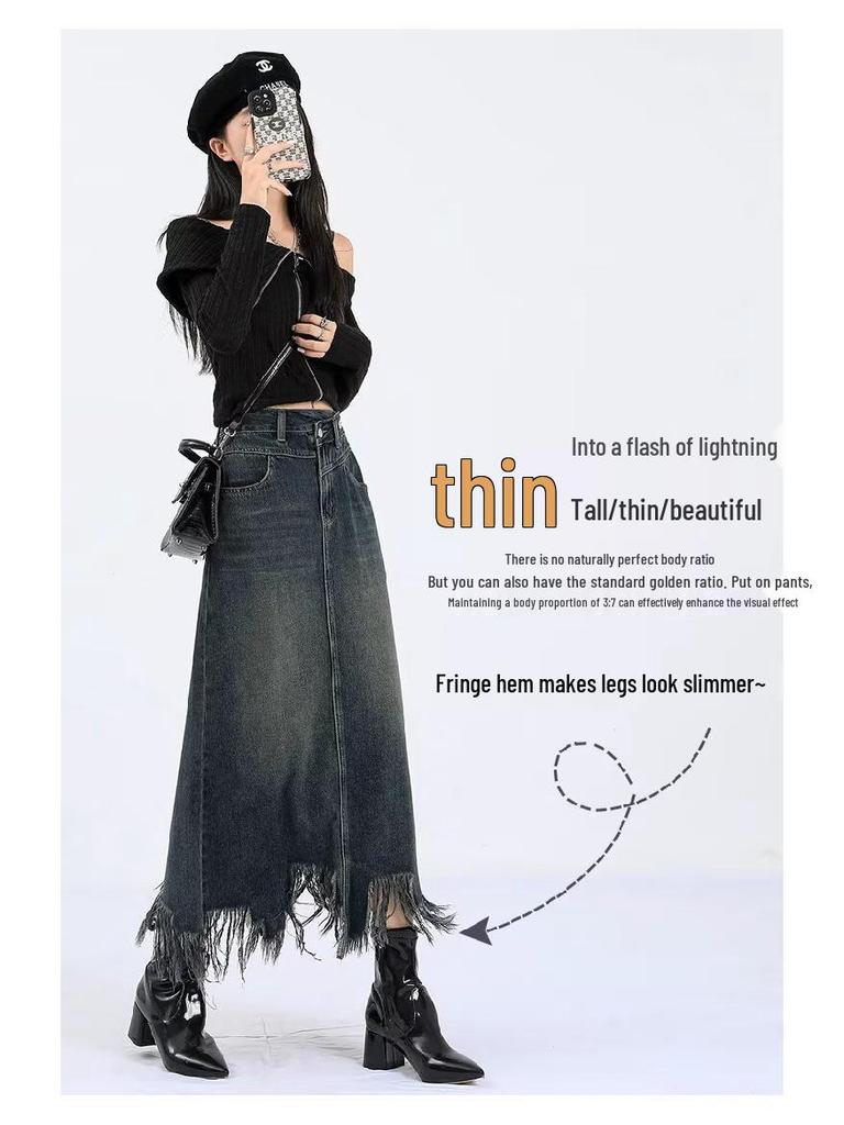 Women's High-Waisted Denim Midi Skirt, Autumn 2025: Slimming A-Line with Split, Fringe, and Hip-Hugging Design