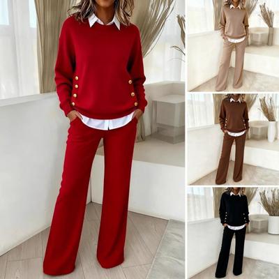 Women 2 Piece Outfit Splicing Fake Two Piece Collared Sweatshirt And Wide Leg Pants Set