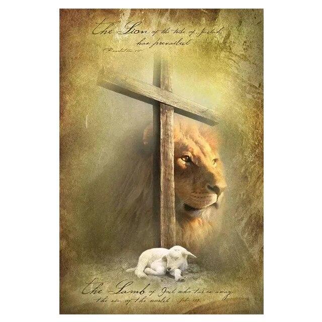 Jesus Lion Cross Christian Wall Art Canvas Painting Abstract Posters and Prints Vintage Home Decorative for Living Room Pictures No Frame