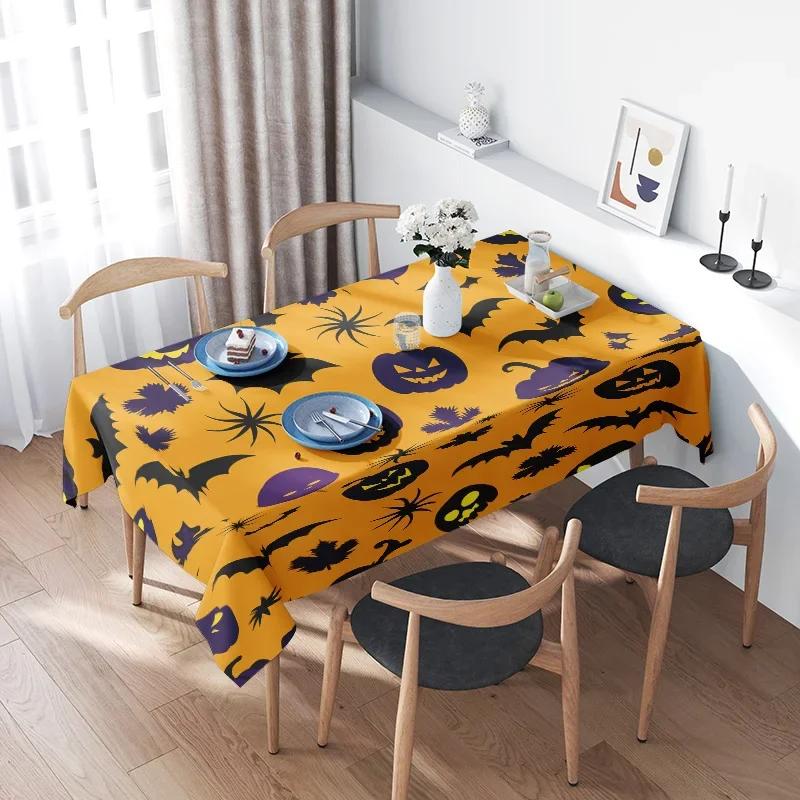 With Pumpkins Skulls Bats Decor Printed Halloween Tablecloth Washable Fabric for Festive Party Supplies Autumn Decoration