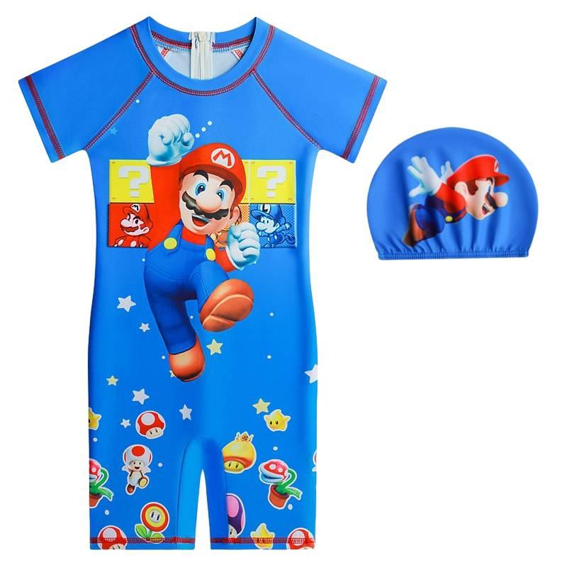 Мужской мультяшный слитный купальник с короткими рукавами Mario для детей, летний детский купальник 120cm/47.24in синий