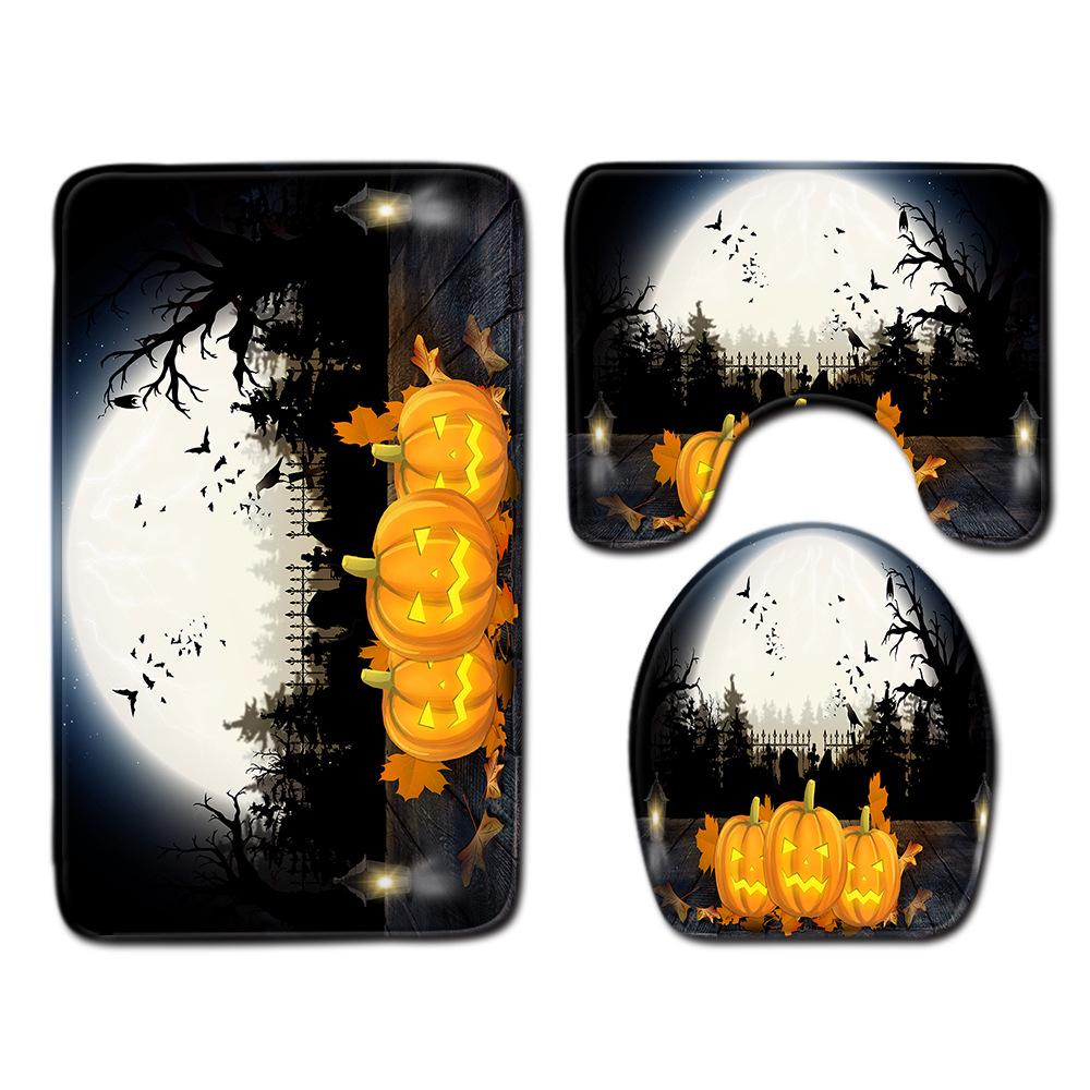 Halloween Shower Curtain Floor Mat Combination Four-Piece Set Bathroom Toilet Carpet Shower Room Foot Mat