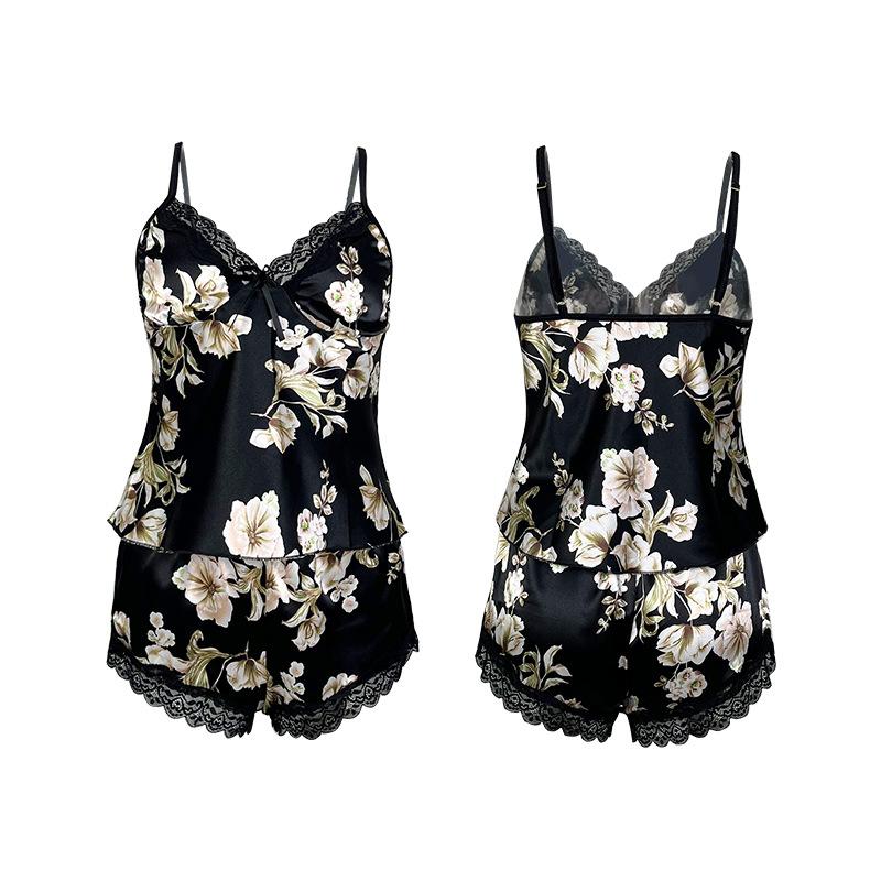 New ice silk printing breathable thin shorts women's homewear imitation silk suspender top sexy pajamas 188