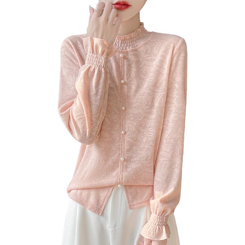 Ruffled Hem Knit Lace Long-Sleeve Spring Top, Fashionable for Outdoor Wear