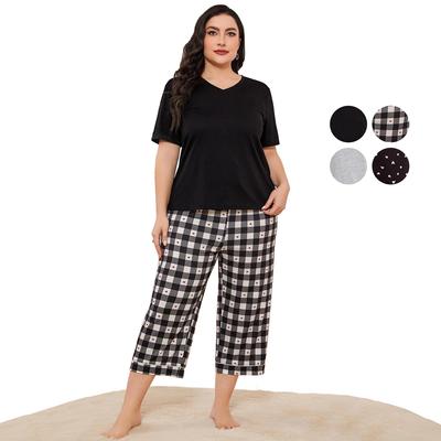 Pyjamas in großen Größen für Damen, kurzärmlige Hemden mit V-Ausschnitt und lange Hosen mit Kordelzug, 2-teilig, bequeme Schlafanzüge, Übergröße, Loungewear für zu Hause