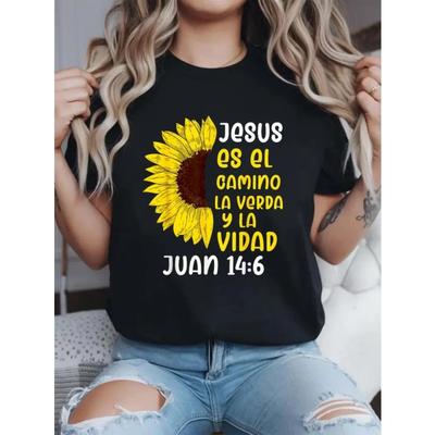 Damen T-Shirt Rundhals Kurzarm Shirt für Damen, Kirchenoutfits & Freizeitkleidung, Bequemes Sommer Oberteil, Trendige Text Grafik, Pflegeleichtes Material