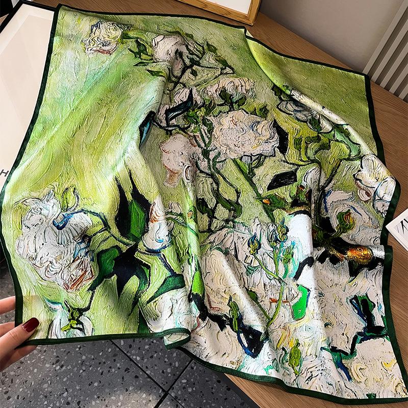 111% silk silk scarf women's spring new oil painting white rose mulberry silk scarf fashionable versatile and elegant 71 square scarf