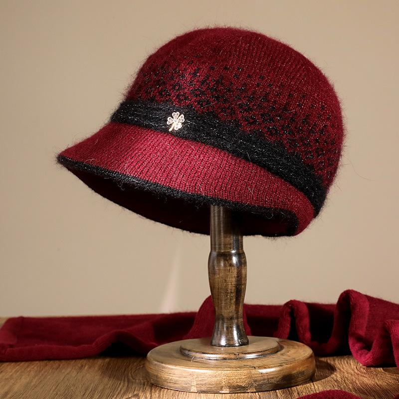 New knitted hat women's middle-aged and old autumn and winter versatile fashion mother rabbit wool basin hat fleece thickened warm hat