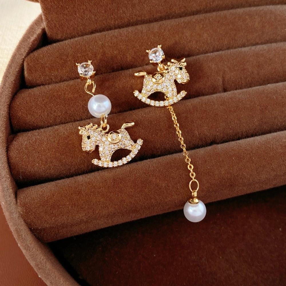 Pearl Gold Pony Earrings Zircon Horse Mascot Drop Earrings  Year of Horse Gift