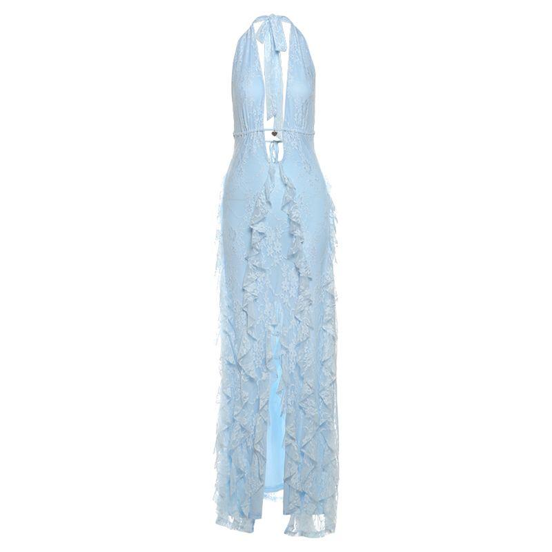 

# Sisjuly# Sexy Crushed Ice Rose Lace Stitching Irregular Lotus Leaf Hollow out Deep V Hanging Neck Dress Women Blue S