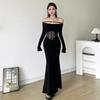 Elegant French Lace One-Shoulder Fishtail Knit Dress - Slim-Fit Waist-Cinching Long Gown for Women