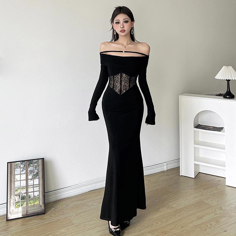 Elegant French Lace One-Shoulder Fishtail Knit Dress - Slim-Fit Waist-Cinching Long Gown for Women