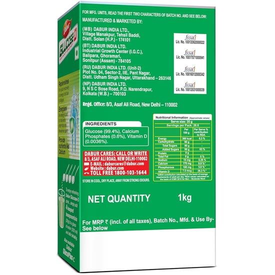 Dabur Glucose-D Saftig & Lecker - 1 kg Pulver (Karton) | Sofortige Energieaufladung mit 99,4 % Glukose | Vitamin D stärkt das Immunsystem