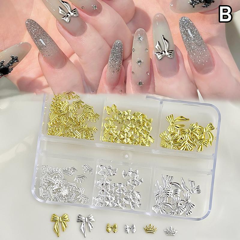 6/12Grids Metal Bow Nail Art Charm Gold Silver 3D Star/Cross Nail Rivet Starlight Nail Decoration Parts Diy Manicure Accessories