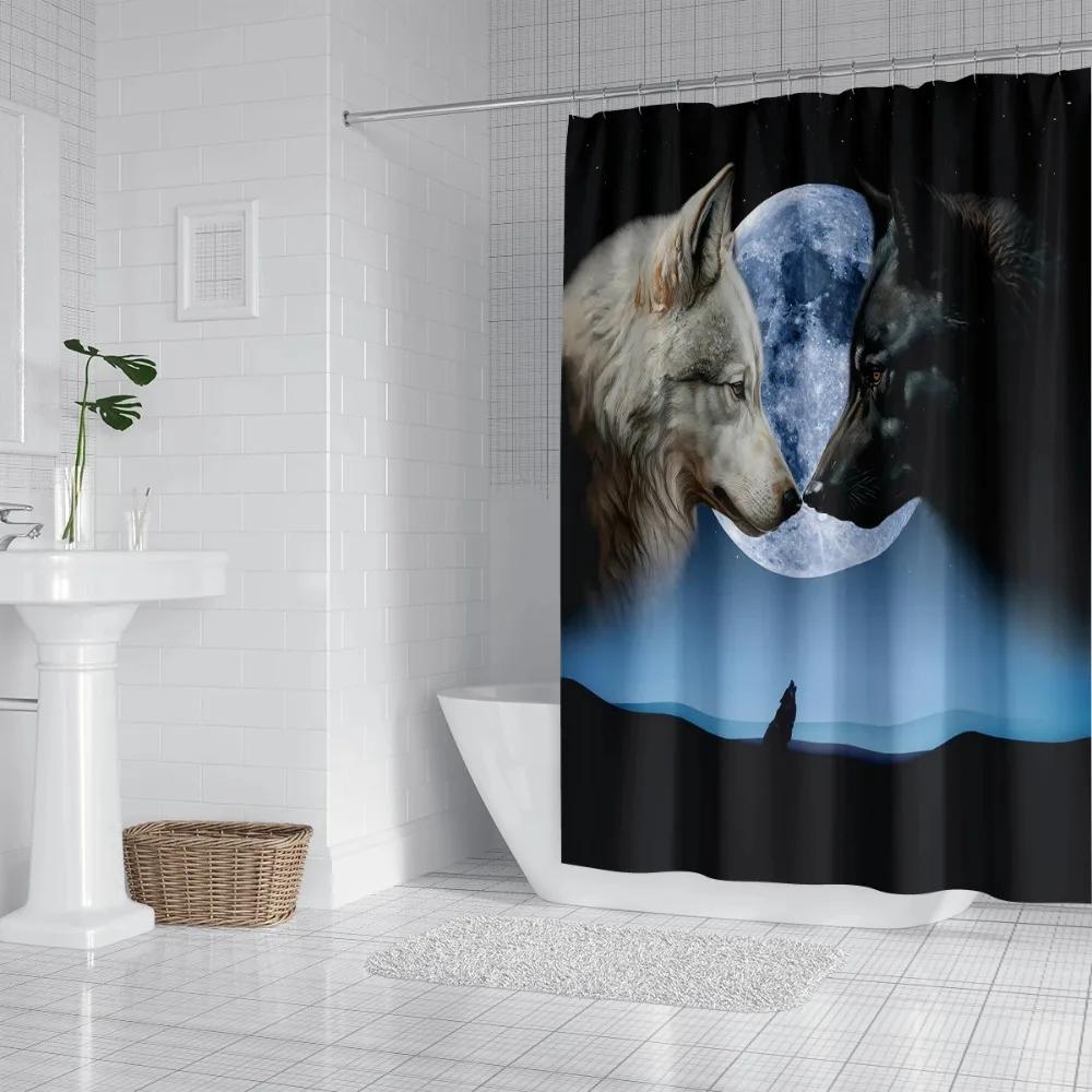 1 Stück Duschvorhang mit Wolfs- und Mondmuster, Wasserdicht und Waschbar, Mit 12 Haken, Für Badezimmer Dusche, Badewanne, Heimgebrauch