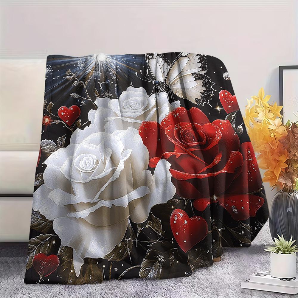 Flanelowy koc z nadrukiem czerwonych i białych róż, Wysoka jakość, Komfortowy na wszystkie pory roku, Wystrój domu, Ciepło i komfort, Idealny na prezenty świąteczne