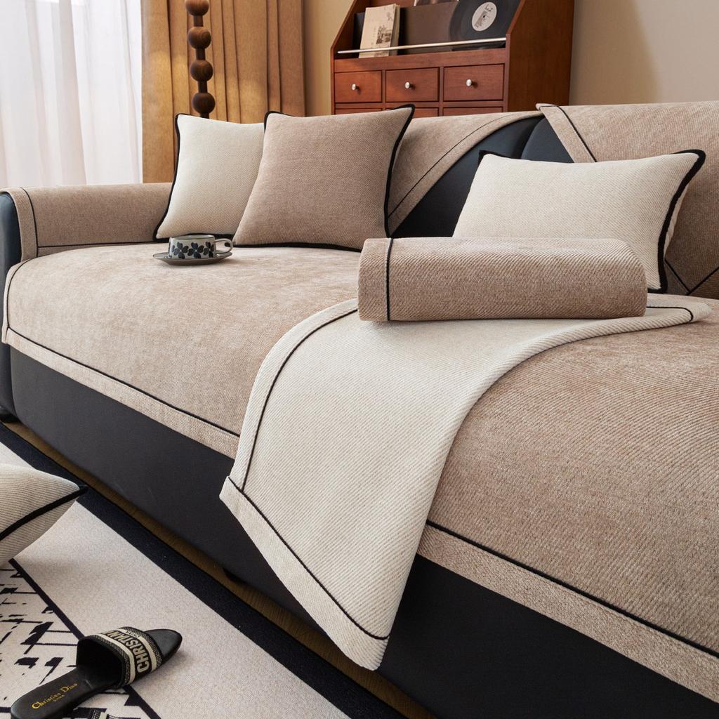 Classic Wider Binding Twill Chenille Sofa Slipcover Universal Fit Non-Slip, Pet-Friendly Couch Cover For All Seasons Yarn-Dyed