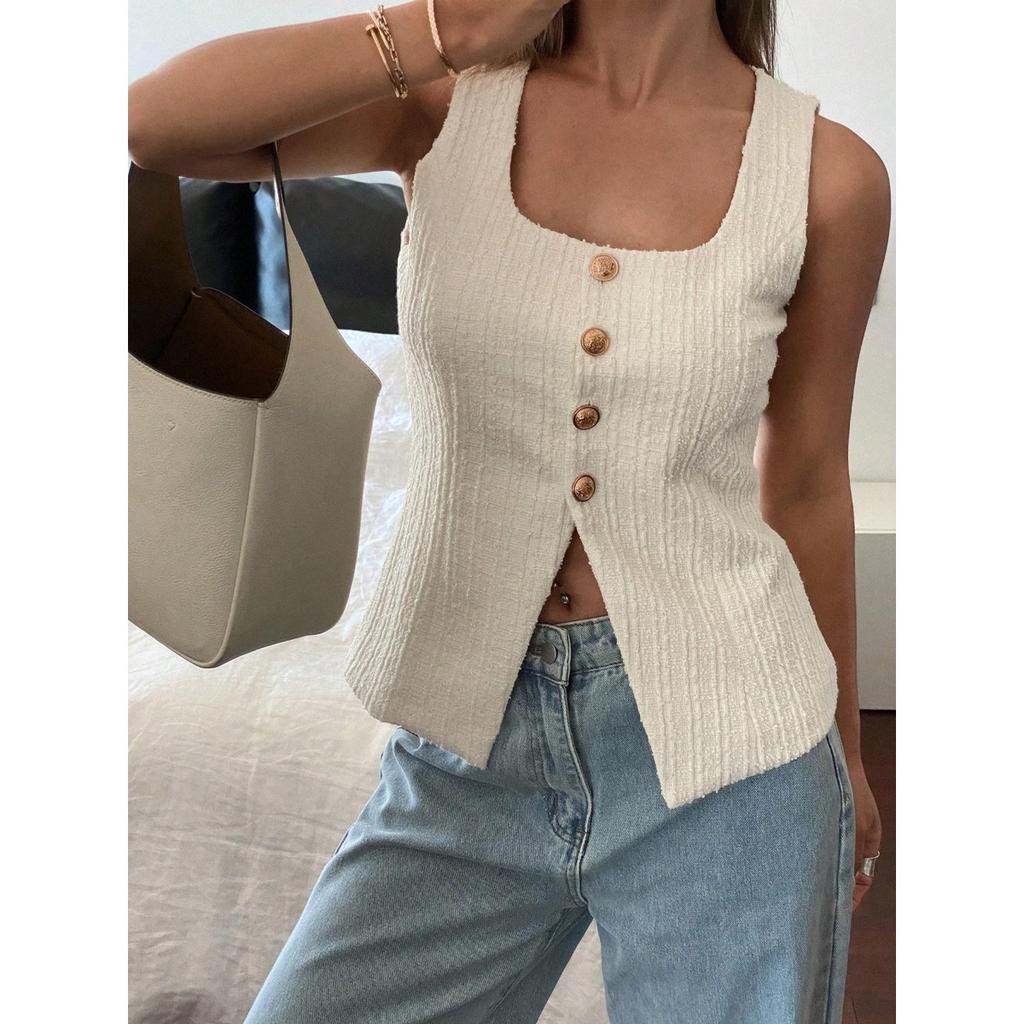 Summer Women Button Sleeveless Vest Commute Square Neck Lace-up Knit Tank Top