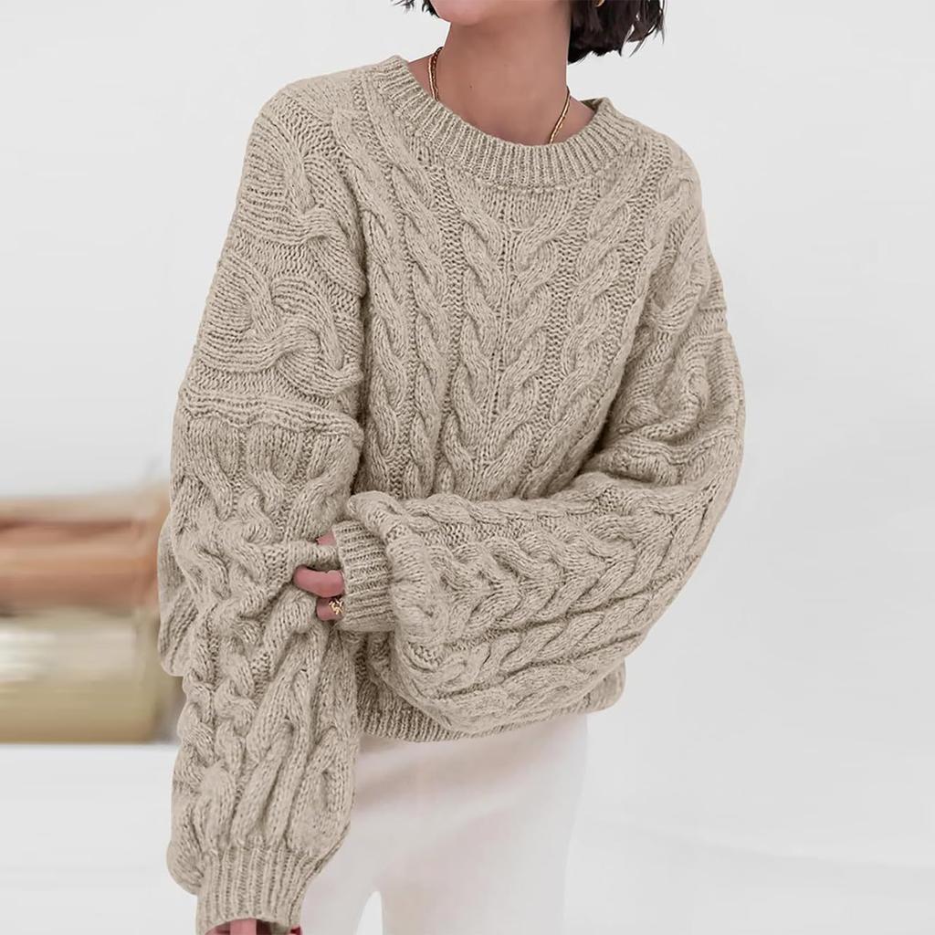 Women's Solid Color Thick Needle Big Dough Twists Loose Pullover Round Neck Long Sleeve Sweater