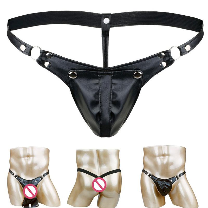 Men's Black Leather Bikini G-String Thong Lingerie with Buckle Pouch