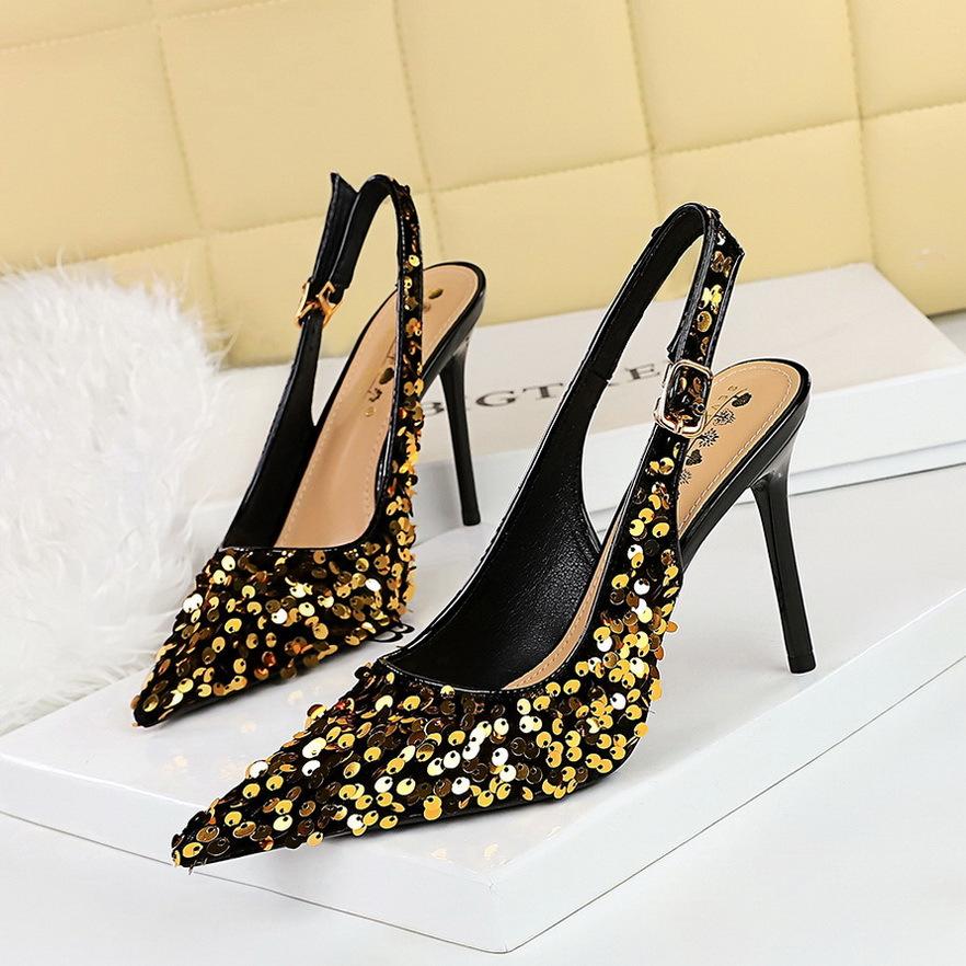 Fashion Fashion Bling Design Heeled Sandals Women Summer Sexy Pointed Toe Hollow Back Strap Thin High Heels Elegant Banquet Women Pumps