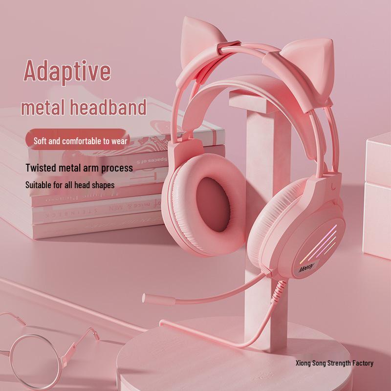 Glowing Cat Ear Wired Headphones: Cute Gaming Headset for Girls - Compatible with Desktop & Laptop Computers