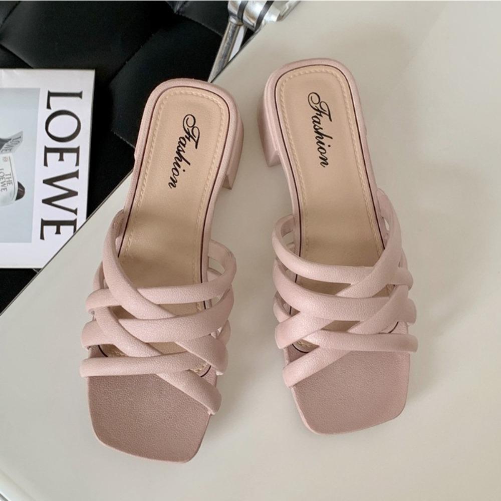 Fashion Slippers Women's 2025 Summer New Outer Wear Medium Heel Solid Color Hollow Casual Beach Thick Heel Cool Slippers Women's