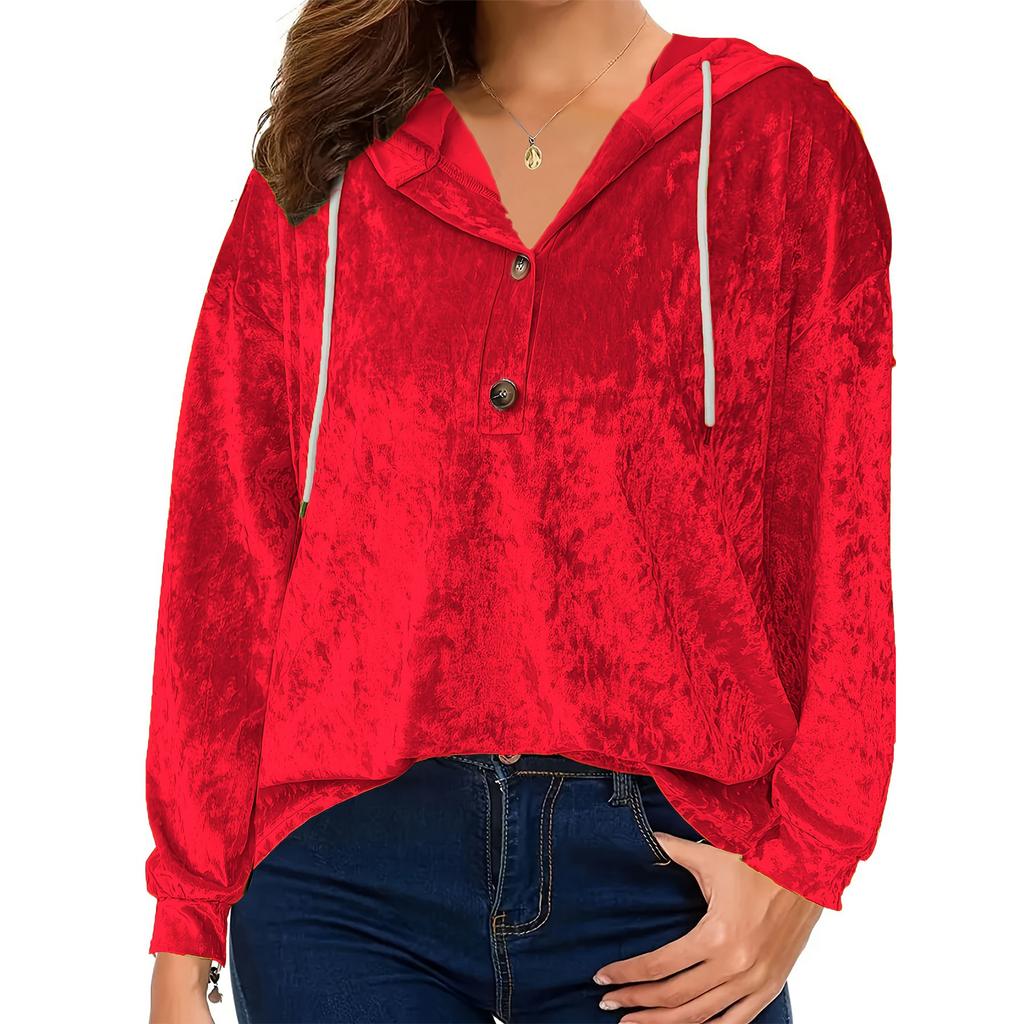 Ladies' Loose And Comfortable Gold Velvet V-neck Dawstring Hooded Button Up Oversized Top
