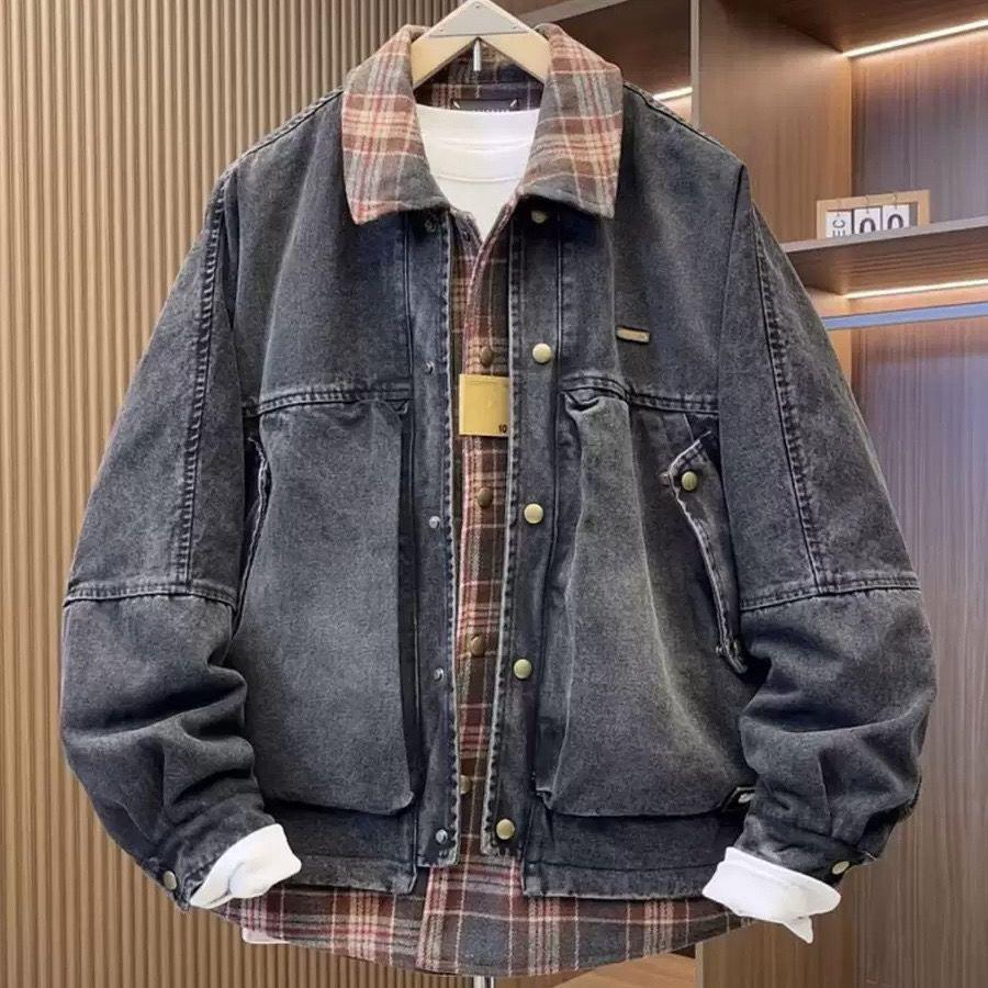 Men's 2025 Winter Lapel Denim Plaid Patchwork Down Jacket - Two-Piece Look, Thick & Warm Outerwear