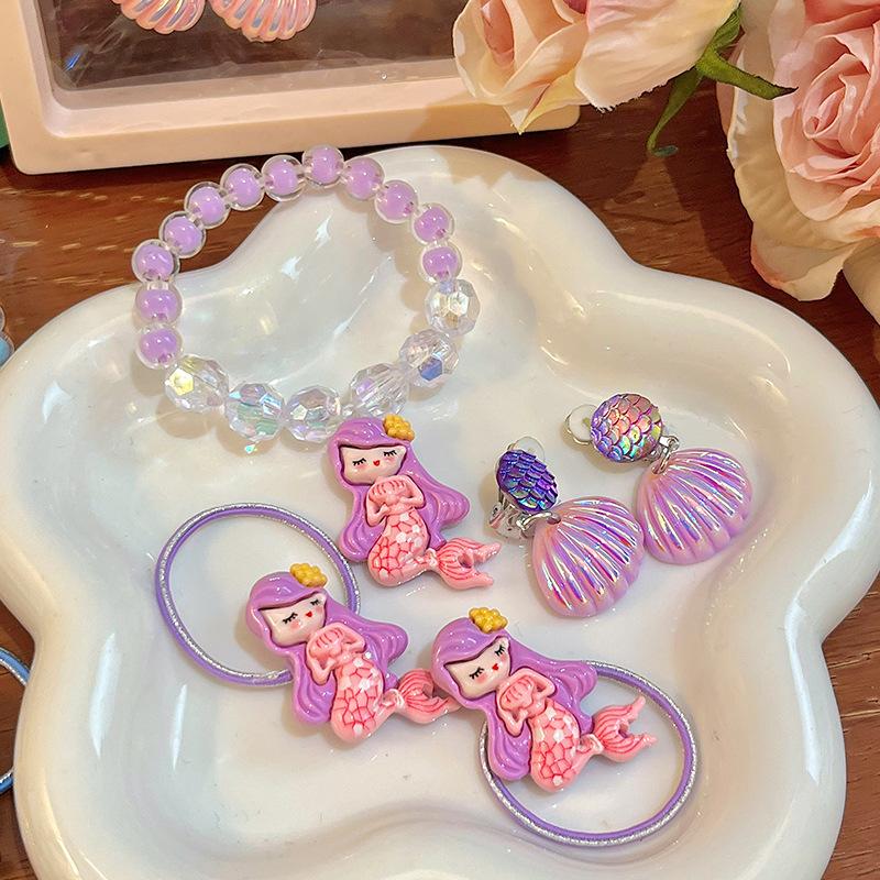 Mermaid Children'S Bracelet Cute Shell Painless Ear Clip Mermaid Princess Hair Tie Set Gift Box