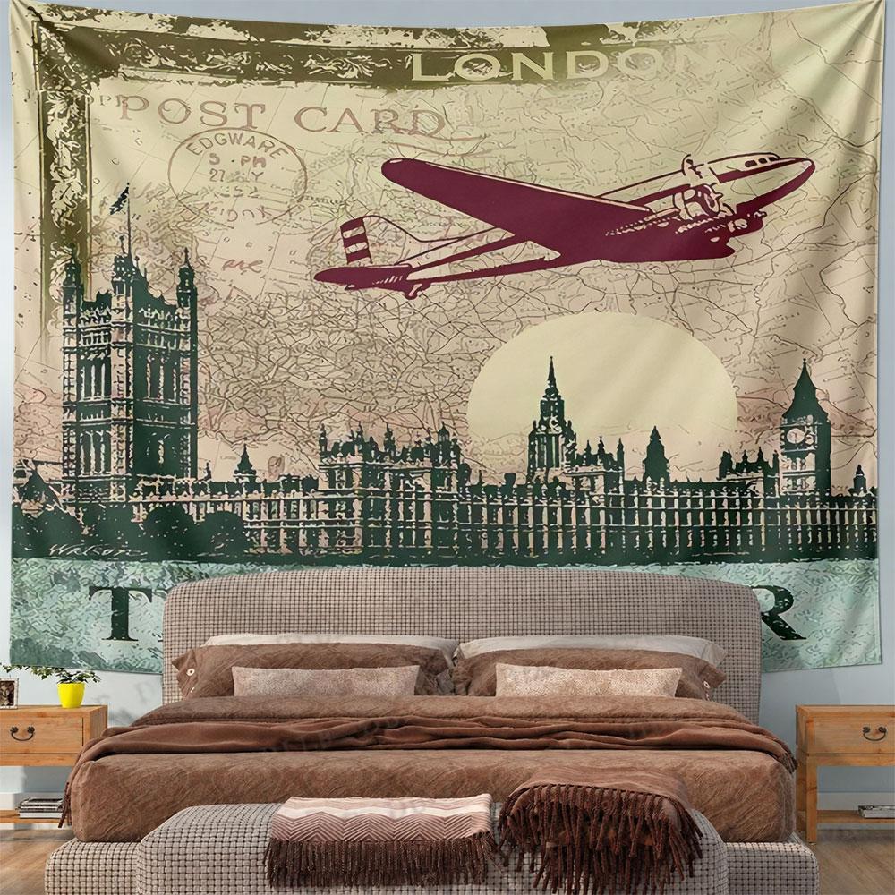 London Travel by Air Vintage Tapestry Wall Hanging Biplane Big Ben Postcard Decor for Living Room Study Man Cave Gift