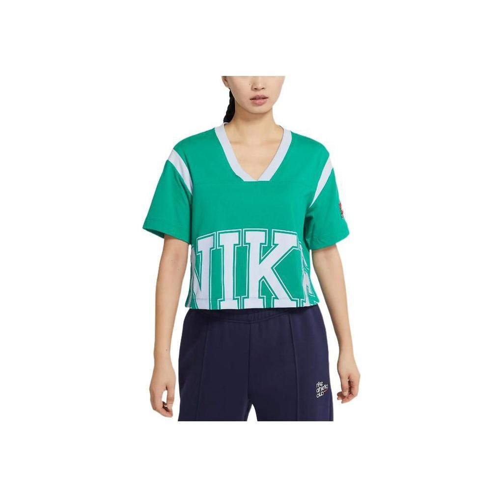 Nike Sportswear Team Logo Letter Print Sports Casual Comfortable Breathable Knit V-Neck Short Sleeve Cropped Top Women tops Sea-God-Green DQ6596-370