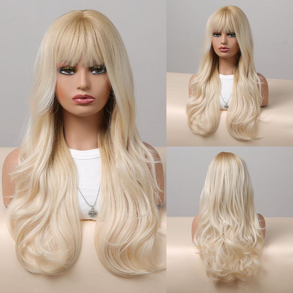 Synthetic Wigs Long Natural Wavy Wig Ombre Brown Golden Highlight Blonde Layered Hair with Side Bangs for Women Heat Resistant