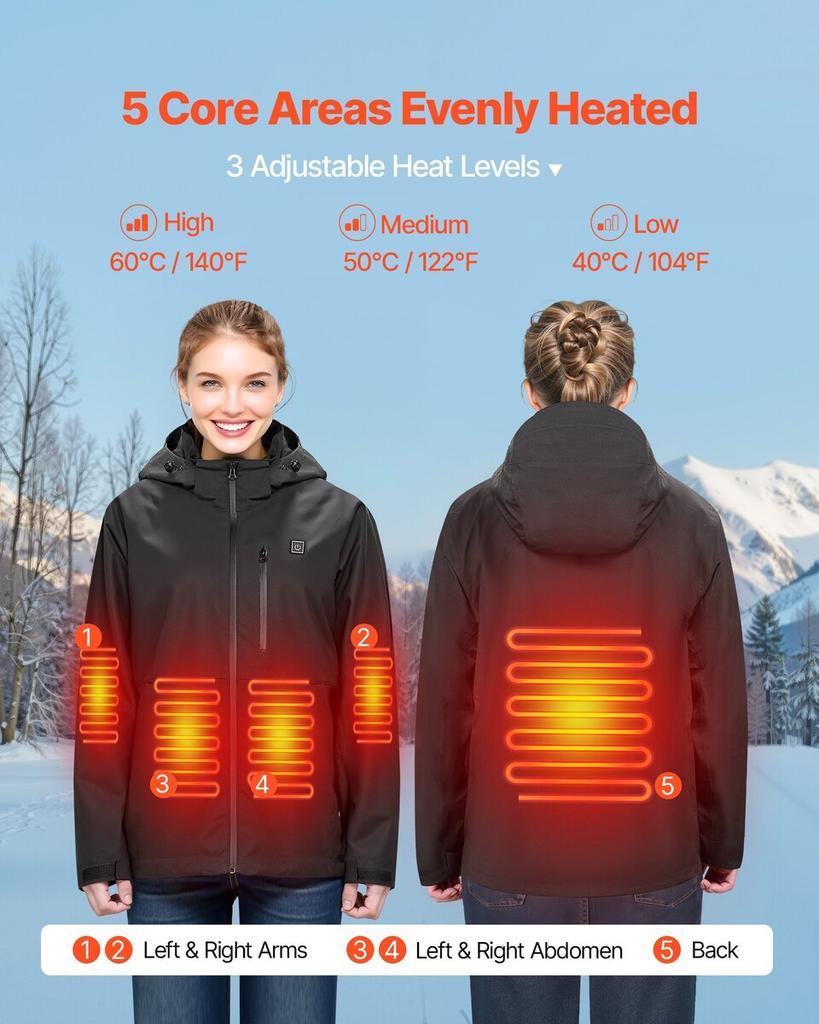 Heated Jacket for Women with 7.4V Battery, Soft Shell Electric Heating Coat, Windproof Waterproof Lightweight Outerwear with 5 Heating Zones & 3 Heat