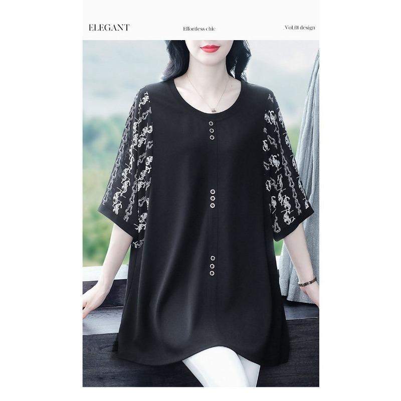 Mid-length Short-sleeved Patchwork Shirt Summer New Large Size Women's Temperament Age-reducing T-shirt Top
