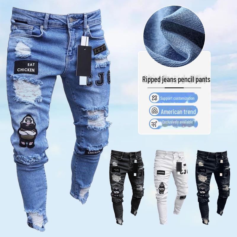 European and American Trendy Hip-Hop Ripped Badged Skinny Jeans for Men