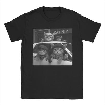 Cat Gang Vintage Funny Kitty Gangster Meme T-Shirts Men  Fun Cotton Tee Shirt Round Collar Short Sleeve T Shirt Plus Size Tops
