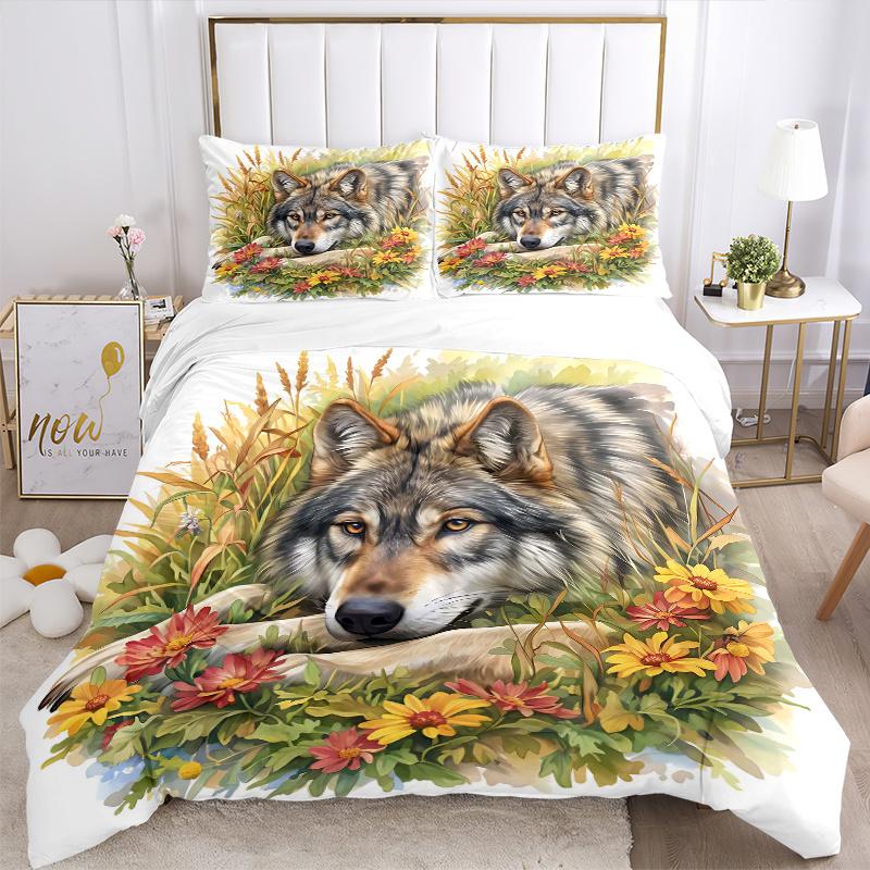 3pcs Serene Wolf amidst Nature's Splendor Printed Duvet Cover Set (1 * Cover+2 * Pillowcase, Without Core), Suitable for Home Bedroom, Guest Room