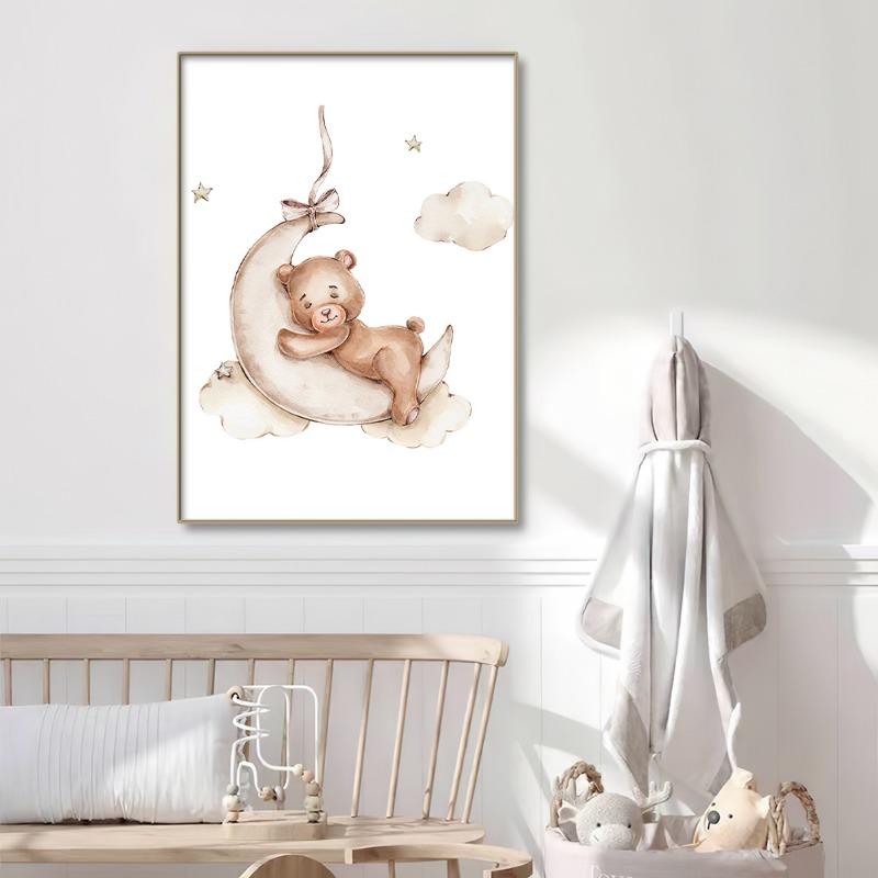 Cute Bear Canvas Painting Rainbow Moon Poster Cloudy Balloon Wall Art Nursery Posters Kids Room Decor Canvas Prints Picture